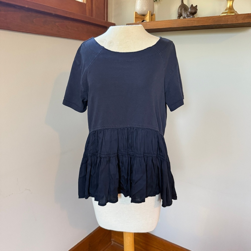 Anthropologie Ruffle Tiered Hem Short Sleeve‎ Top Navy Blue S Casual Cute